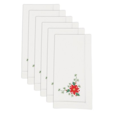 Whimsical Poinsettia Embroidered White Cotton Napkins, Set of 6