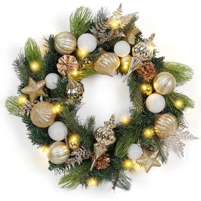 Christmas Wreath with 30 LED Lights Silver White Ornaments Pre-Lit Holiday Door Decoration