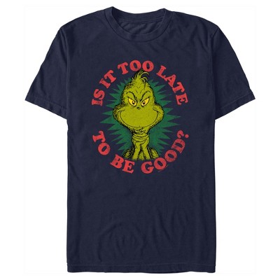 Men's Dr. Seuss Christmas Grinch Is It Too Late T-shirt - Navy Blue ...