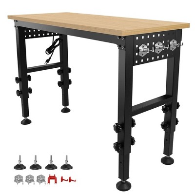 Adjustable Workbench with Power Outlet, Rubber Wood Top Work Table with Wheels and Leveling Foot, Hardwood Workbench for Garage Workshop Office