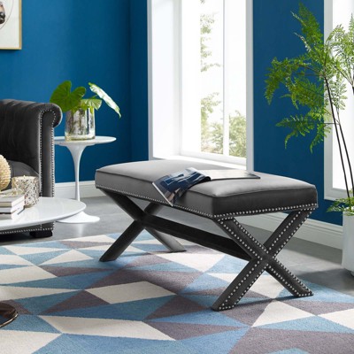 Gray Velvet X-Base Bench with Nailhead Trim