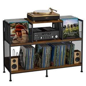 HDZNVF Large Vintage Record Player Table With 4 Adjustable Dividers, Vinyl Record Storage Cabinet For Up To 350 Albums - 1 of 4