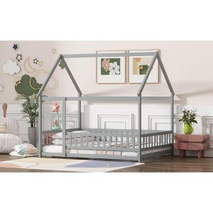 MAYEERTY Full House Floor Wooden Bed with Floor Frames, Safety Guardrails Gray - 1 of 4