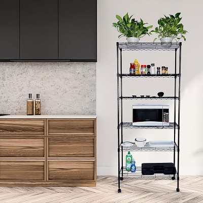 Vynxaria 6-Tier Shelving Units, 29.92'' W x 13.98'' D x 71.65'' H Adjustable Wire Shelving with Hanging Hooks and Wheels, Black