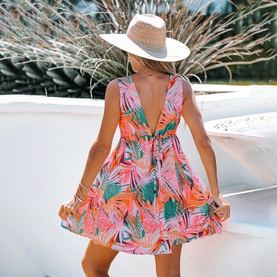 Pink Tropical Floral Print Sleeveless Mini Wrap Dress