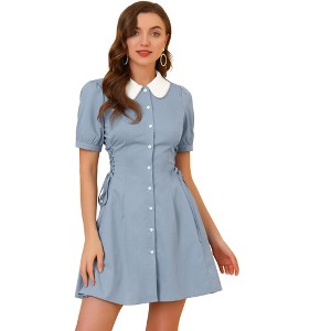 INSPIRE CHIC Women's Vintage Peter Pan Collar Short Sleeve Button Down A-Line Mini Dress - 1 of 4