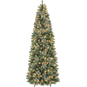 Vivatrees 6/7.5 Ft Prelit Pencil Christmas Tree with Warm White Lights, Metal Stand, Hinged Branches, Realistic Xmas Tree for Holiday Decor, Green - 1 of 4