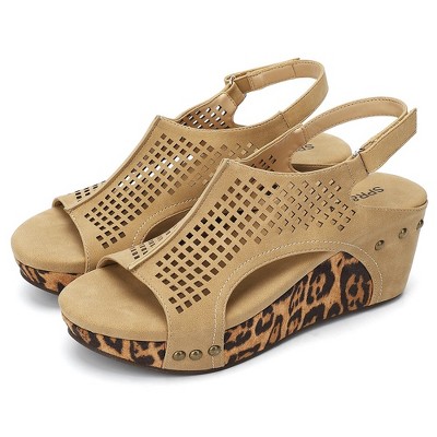 Womens Wedge Sandals, Open Toe Hollow-Out Upper Leopard Sandals, Slingback Ankle Strap Summer Casual Sandals for Beach,Pool,Vacation