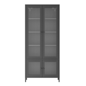 Gulches 71"H Large Metal Storage Cabinet - Black Steel Display Cabinet with 4 Waffle-Grids Tempered Glass Doors & 5 Shelves for Living Room - 1 of 4