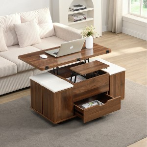 Multi-Functional Lift-Top Coffee Table with Hidden Storage, 4 Stools, and Lockable Casters for Modern Living Spaces - 1 of 4