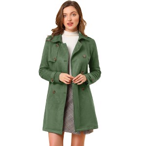 Allegra K Women's Notched Lapel Double Breasted Faux Suede Trench Coat with Belt - 1 of 4