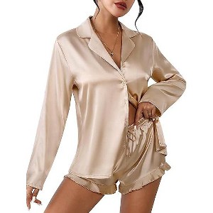 Ekouaer Womens Satin Pajama Sets Long Sleeve Top and Shorts Lounge Set Button Down Sleepwear - 1 of 4