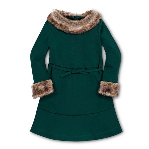 Hope & Henry Girls' Long Sleeve Ponte Skater Dress with Faux Fur Trim, Deep Green Long Sleeve, 3 - 1 of 4