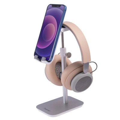 Insten 2-in-1 Cell Phone Holder & Headphone Stand - Desk Mount Compatible with iPhone 12/12 Pro Max/11, Samsung Galaxy Universal Android, Silver