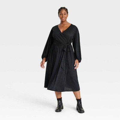 Women's Plus Size Balloon Long Sleeve Wrap Dress - Ava & Viv™ Black 4X
