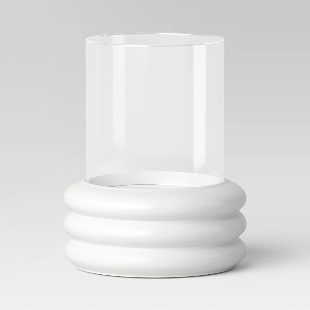Photos - Figurine / Candlestick 8.07"x6.89" Pillar Concrete/Glass Small Lantern Candle Holder White - Thre