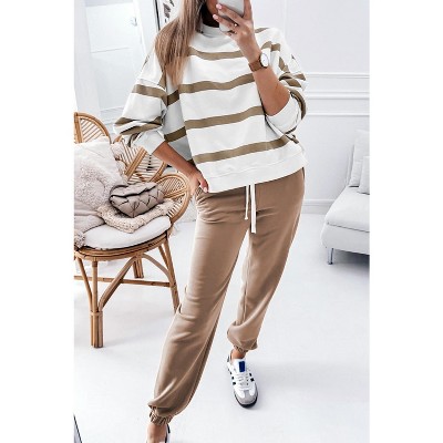 Black Stripe Drop Shoulder Pullover and Jogger Pants Set