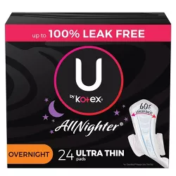 U by Kotex CleanWear AllNighter Ultra Thin Overnight Pads with Wings - 24ct