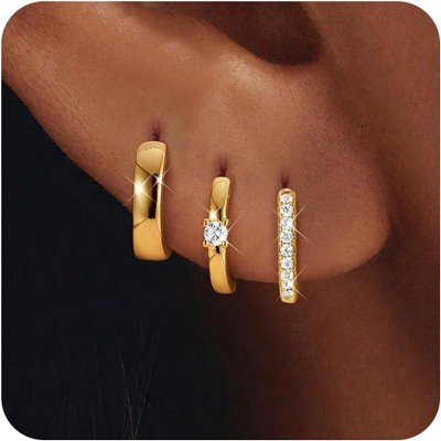 3Pairs 925 Sterling Silver, 14K Gold Plated Small Huggie Hoop Earrings Sets for Multiple Piercing CZ Cartilage Earrings Stacks