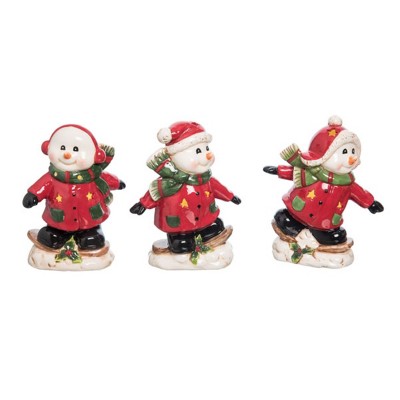 Transpac Dolomite Light Up Skiing Snowman Set of 3 Decorative Objects Snowman Figurines Ceramic Christmas Red Tabletop Prelit Indoor Use  Spot or Wipe