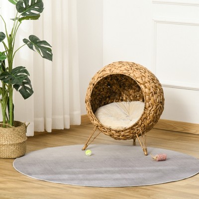 Small Round Beige Wicker Cat House with Cushion