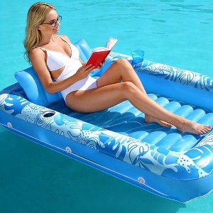 Jasonwell 4-in-1 Inflatable Pool Lounger, 70"x46", Blue Float with Pillow, Large Sunbathing Bed Raft for Adults - 1 of 4