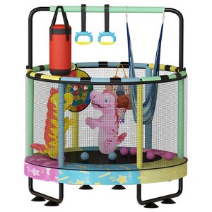 Hooseng 55" 7-in-1 Round Trampoline for Kids with Safety Enclosure Net, Indoor & Outdoor Toddler Trampoline with Adjustable Gymnastics Bar & Toys - 1 of 4