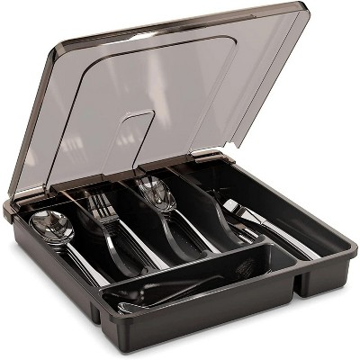 LunaLulinlk Utensil Holder for Countertop with Lid, Plastic Silverware Tray for Drawer, 5 Compartments, Flatware Organizer, Tableware Storage