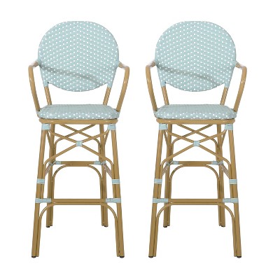 Christopher Knight Home 2pc Vande Wicker and Aluminum Outdoor Patio 29.5" French Barstools Light Teal/White/Bamboo Print Finish