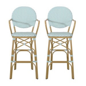 Christopher Knight Home 2pc Vande Wicker and Aluminum Outdoor Patio 29.5" French Barstools Light Teal/White/Bamboo Print Finish - 1 of 4