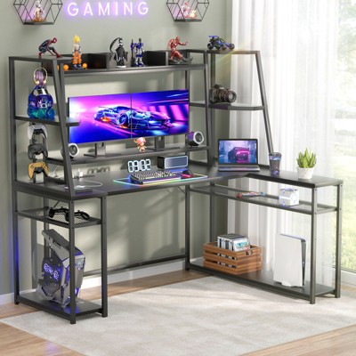 Aheaplus L Shaped Gaming Desk with Hutch, Corner Desk with Charge Station, LED Light
