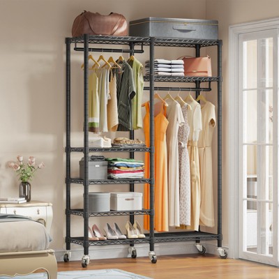 Black Heavy Duty Wire Rolling Garment Rack with Adjustable Shelves