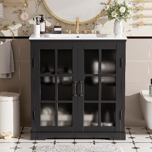 Lyngins Modern Freestanding Vanity Cabinet with Tempered Blurred Glass Doors, Industrial Bathroom Vanity with Ceramic  Sink & Matte Black Hardware - 1 of 4