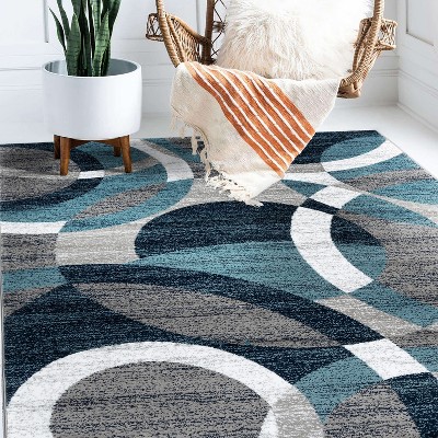 Blue Geometric Circles Stain-Resistant Area Rug 5'3" x 7'3"
