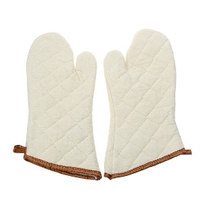 Unique Bargains Kitchen Bakery Heat Resistance Microwave Barbeque Baking Cotton Blends Oven Mitts 13.7"x5.9" Beige 1 Pair - 1 of 3