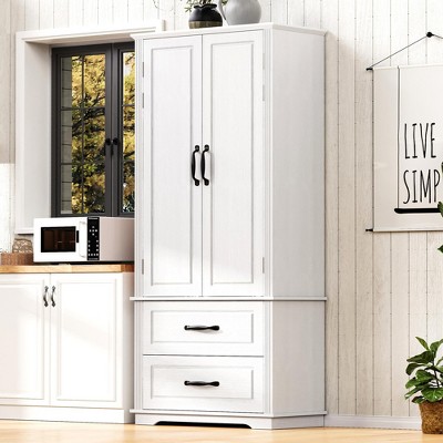 Farmhouse Kitchen Pantry Cabinet with 2 Large Drawers,Embossed Texture Freestanding Cupboard Cabinet with 8 Door Shelves and 3 Cabinet Shelves