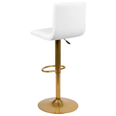 Modern White Vinyl Adjustable Swivel Bar Stools with Gold Base, Set of 2