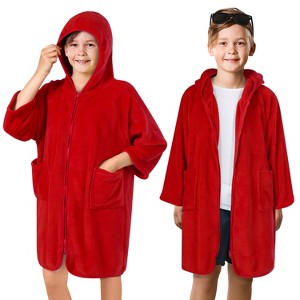 SUN CUBE Fleece Zipper Hooded Towel Robe for Kids, Zip Up Swim Beach Cover Up, Bath Surf Changing Girls Boys 7-10 Years - 1 of 4