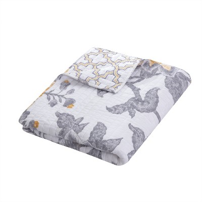 Reversible Floral Cotton Quilted Throw in White, Grey, and Yellow