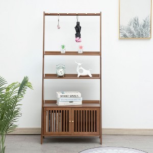 Ladder Bookcase, Bamboo Bookshelf, Open Display Shelf, With Cabinet, Ladder Bookcase, Freestanding, Floor Standing Storage Shelf With 6 Hooks - 1 of 4