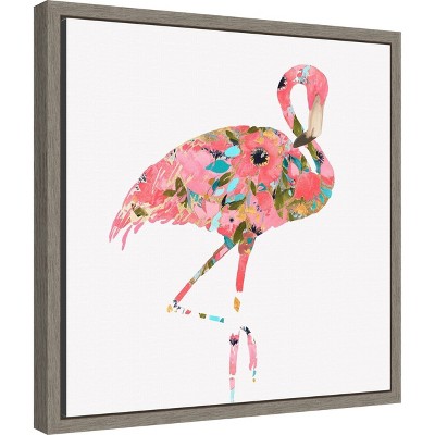 Summer Glow Pink Flamingo Floral Canvas Framed Wall Art 16x16