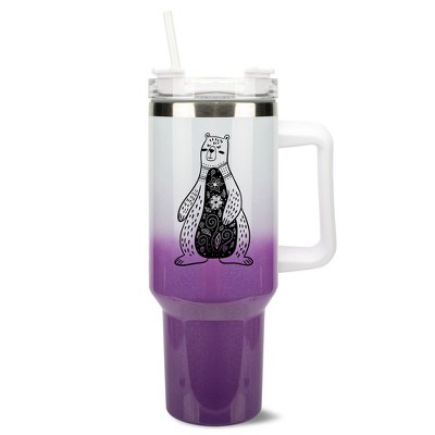 Elanze Designs 40 Ounce Ombre Travel Tumbler With Straw and Lid Stainless Steel Double Wall Insulated Whimsical Floral Bear White and Purple Glitter