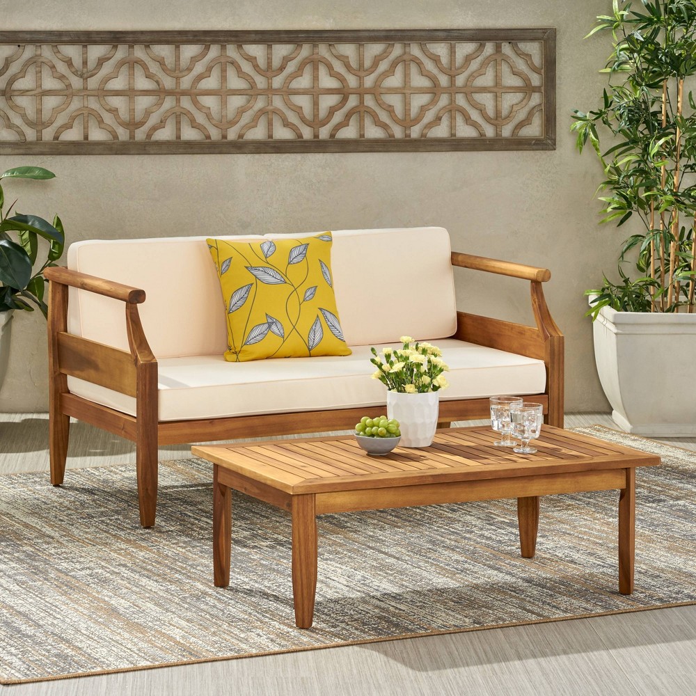 Photos - Garden Furniture Aston 2pc Acacia Mid-Century Modern Loveseat Set - Teak/Cream - Christophe