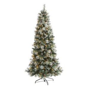 7ft. Frosted Tip Pine Artificial Christmas Tree with 400 Clear Lights, Pine Cones & 882 Branches – Snowy Holiday X-Mas Tree - 1 of 4