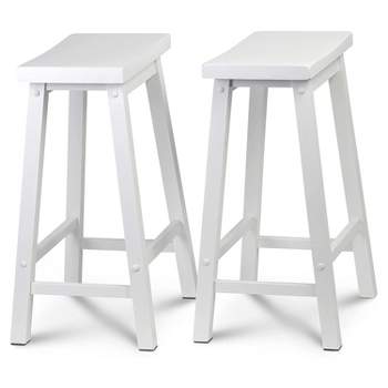 PJ Wood Classic Modern Solid Wood 24 Inch Tall Backless Saddle-Seat Easy Assemble Counter Stool for All Occasions, White (Set of 2)