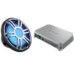 Hertz HMD1 High Power Marine Mono Amplifier with 1 HMS 10 S-LD-SW 10" 4-Ohm Marine Subwoofer with RGB LEDs, White Sport Grille - 1 of 4