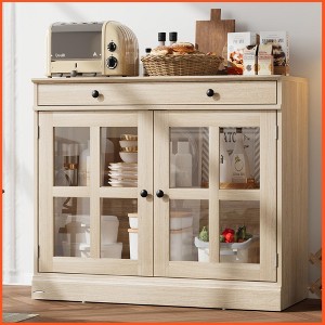Homhougo 35.4" Sideboard Buffet Cabinets with Storage, Kitchen Coffee Bar Cabinet with Glass Door, Modern Sideboard Buffet with Drawer Ivory - 1 of 4