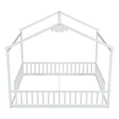 Fontoi Beds, Double Twin Floor Bed with Fence, Wood Bed with Guardrails for Girls and Boys, White, 78.2"*70.5"*83.9"