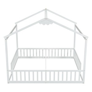 Fontoi Beds, Double Twin Floor Bed with Fence, Wood Bed with Guardrails for Girls and Boys, White, 78.2"*70.5"*83.9" - 1 of 4
