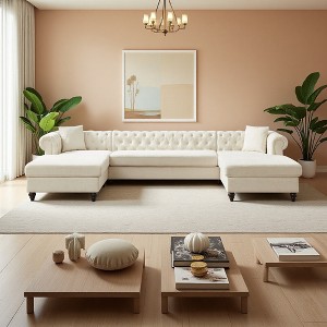 135.5" U-Shaped Chenille Sectional Sofa, Two Chaise Lounges, 2 Pillows - 1 of 4